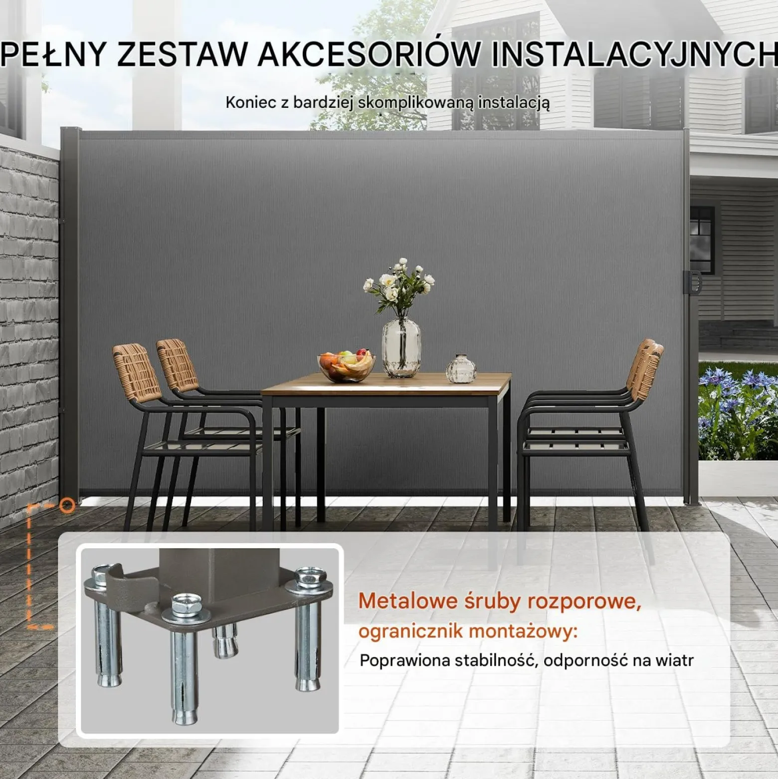 Markiza boczna parawan szara na taras roleta przeciwsłoneczna 180 x 350 cm