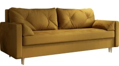 Musztardowa sofa rozkładana z pojemnikiem na pościel - Elvian