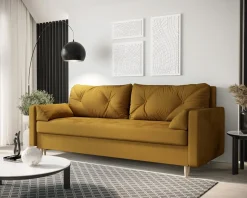 Musztardowa sofa rozkładana z pojemnikiem na pościel - Elvian