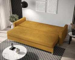 Musztardowa sofa rozkładana z pojemnikiem na pościel - Elvian