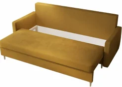 Musztardowa sofa rozkładana z pojemnikiem na pościel - Elvian