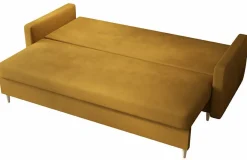 Musztardowa sofa rozkładana z pojemnikiem na pościel - Elvian