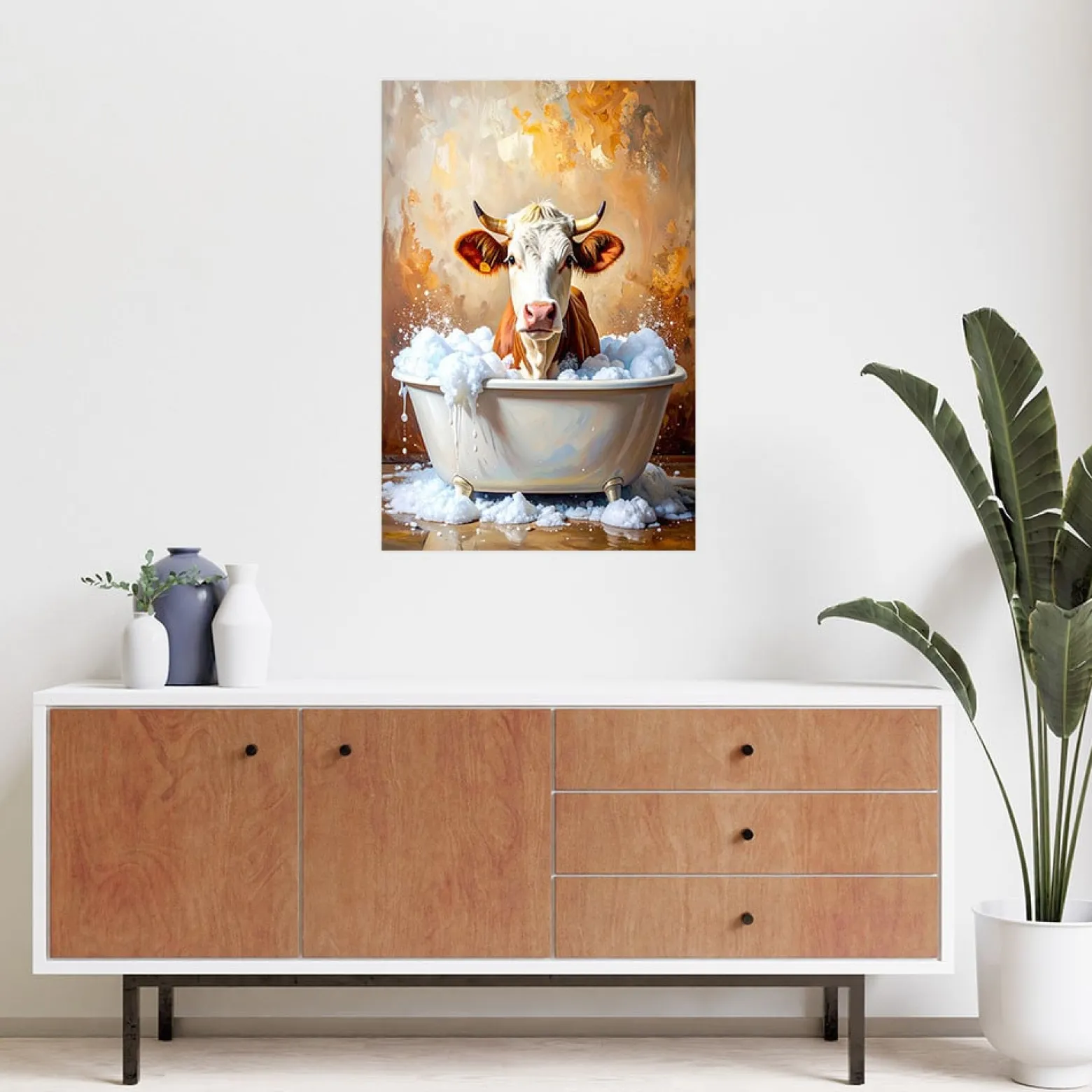 Naklejka samoprzylepna do salonu Feeby Krowa w wannie z pianą 20x30