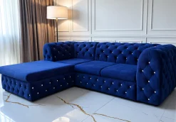 Narożnik Moet Light rozkładany L z funkcją spania granatowy welur glamour