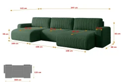 Narożnik z funkcją spania i pojemnikiem KLEEA-U - 347x143x83cm Zielony