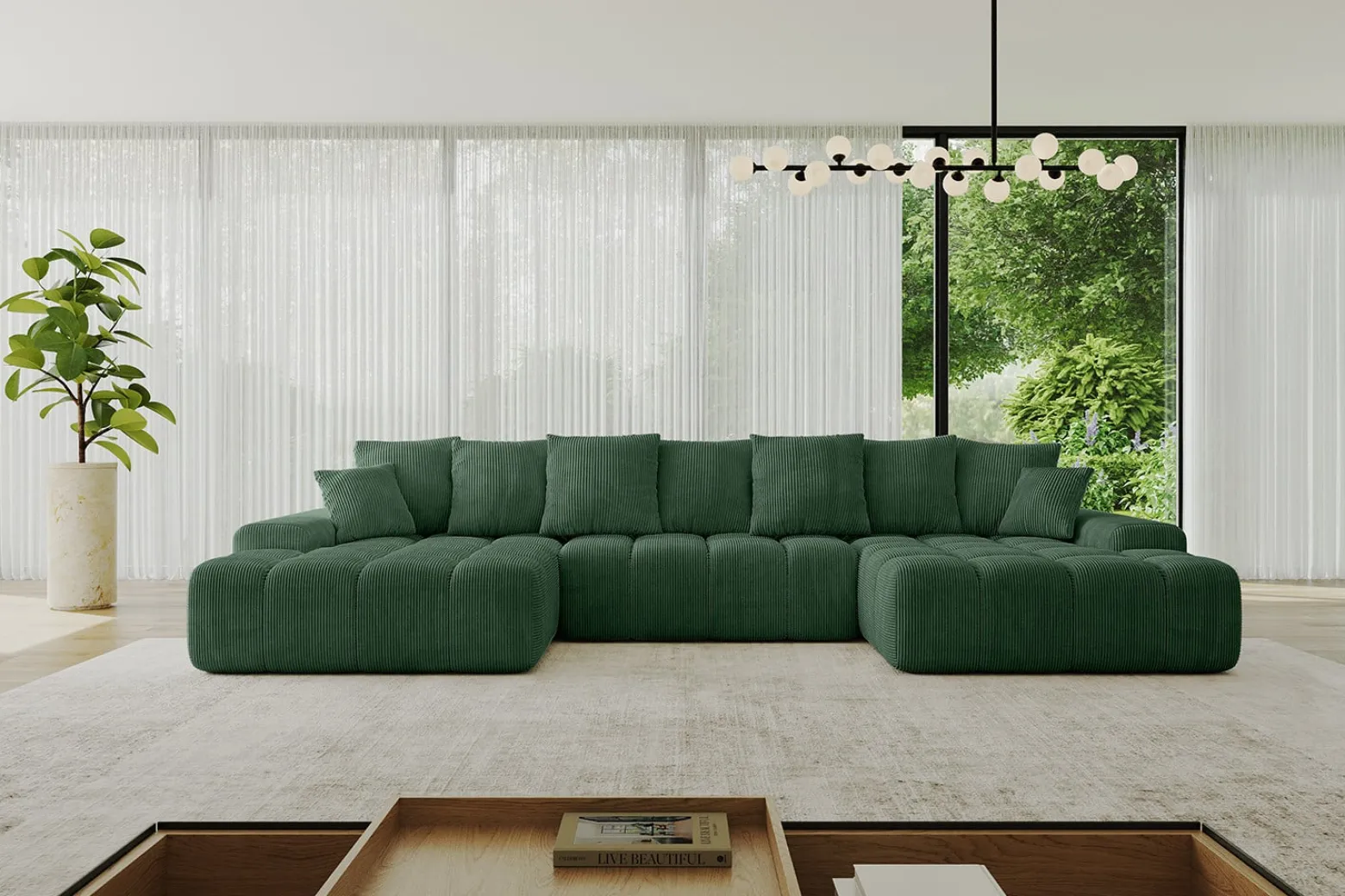 Narożnik z funkcją spania i pojemnikiem ENSI-U 353x164x69 cm Zielony