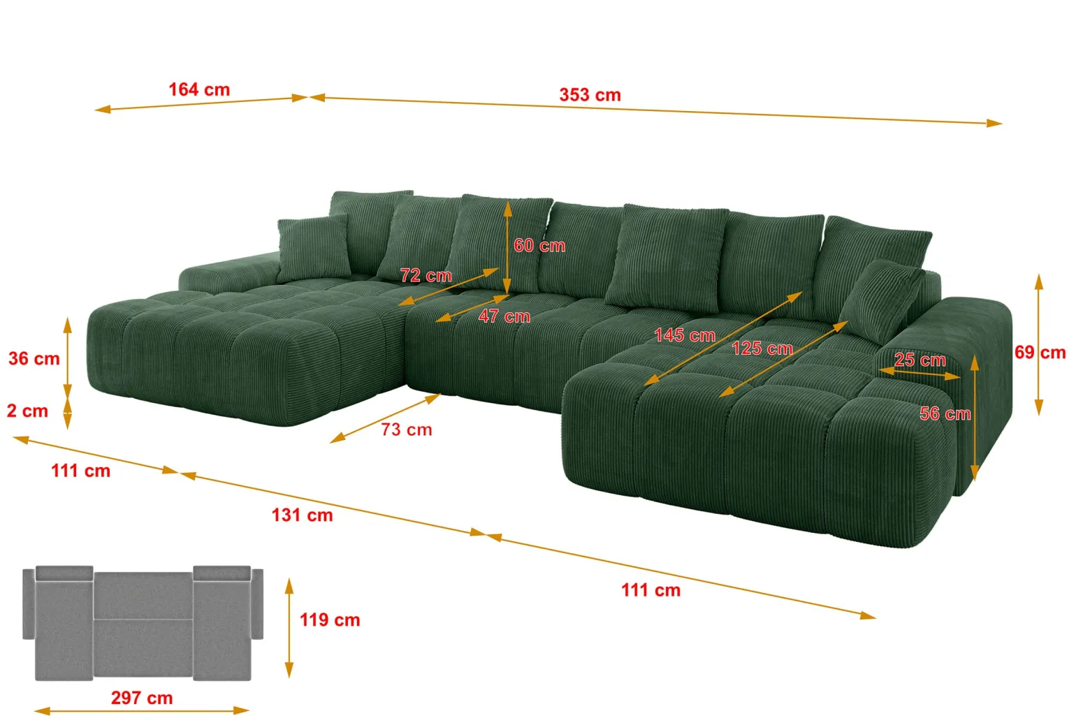 Narożnik z funkcją spania i pojemnikiem ENSI-U 353x164x69 cm Zielony