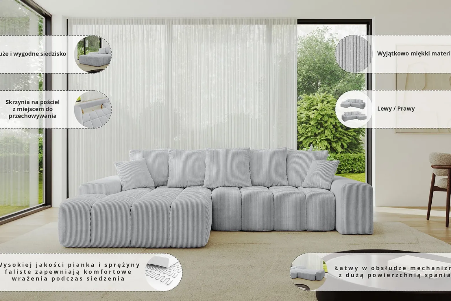 Narożnik z funkcją spania i pojemnikiem ENSI-U 353x164x69 cm Zielony