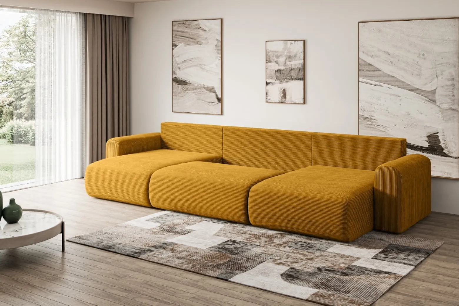 Narożnik z funkcją spania i pojemnikiem ORRO-U - 362x145x83cm Żółty
