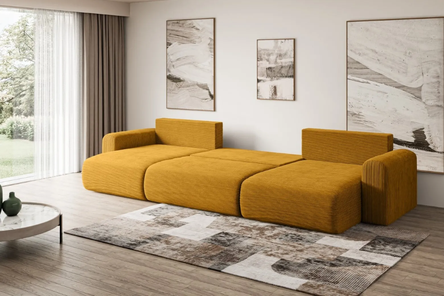 Narożnik z funkcją spania i pojemnikiem ORRO-U - 362x145x83cm Żółty