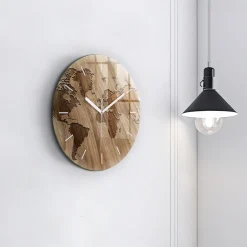 Nowoczesny szklany zegar ścienny Mapa świata na drewnie fi30