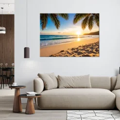 Obraz do salonu sypialni biura, Zachód słońca Plaża Palmy 30x20