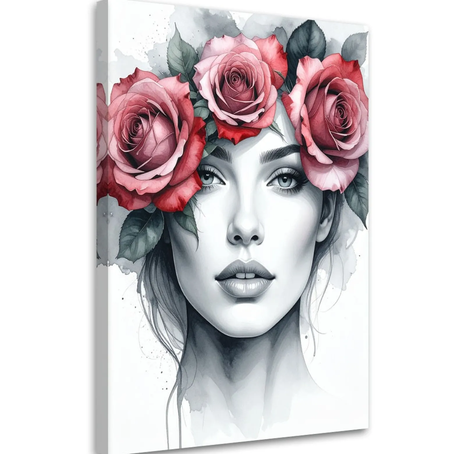Obraz do salonu sypialni, Portret Kobieta z kwiatami róży na głowie 20x30