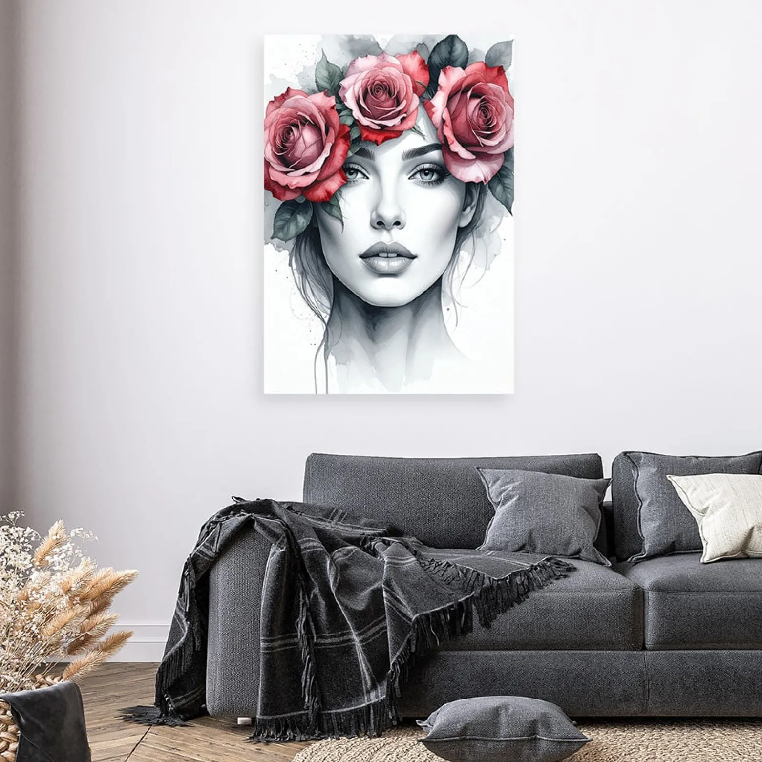 Obraz do salonu sypialni, Portret Kobieta z kwiatami róży na głowie 20x30