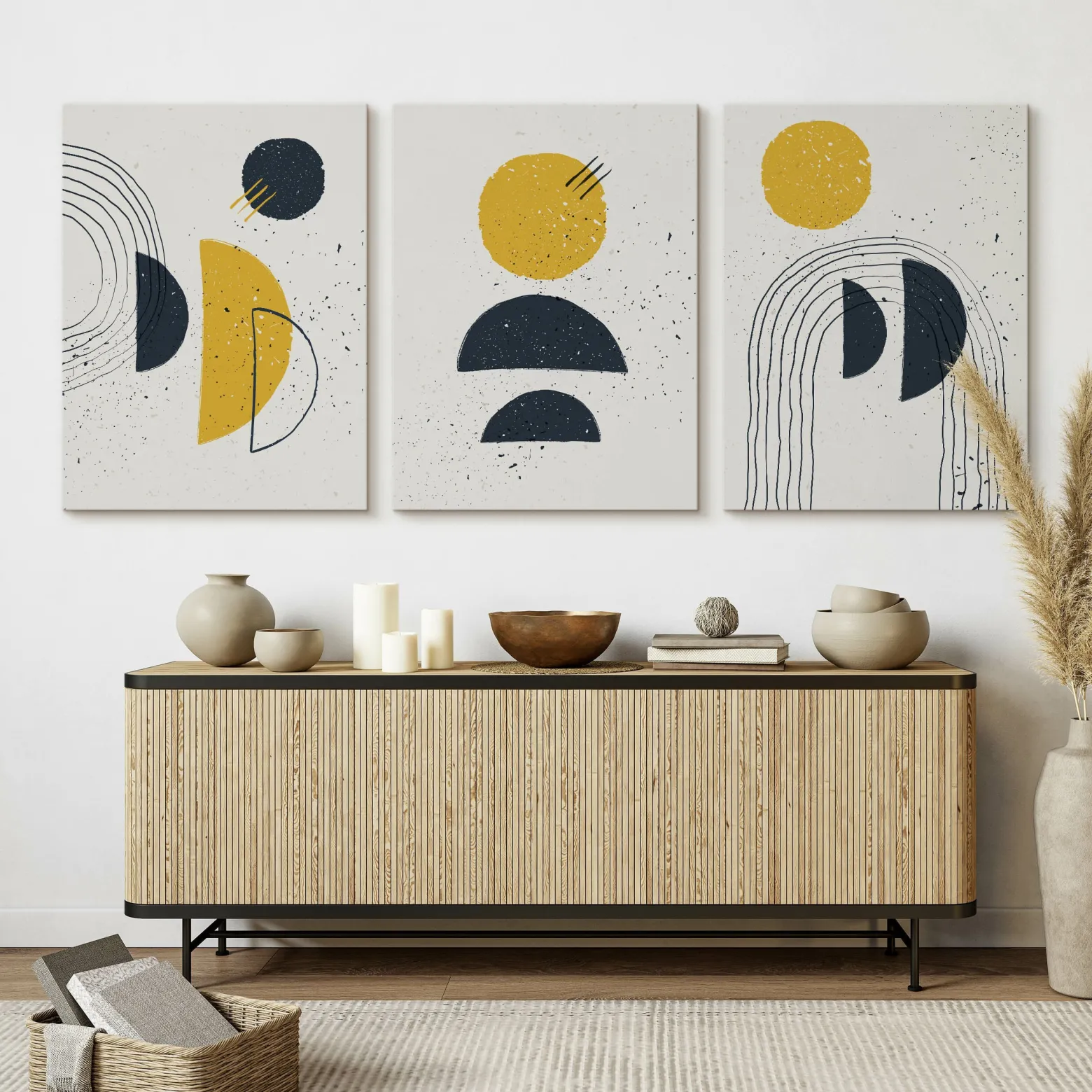 OBRAZY SET ABSTRAKCJA FIGURY GEOMETRYCZNE STYL BOHO 90x40cm