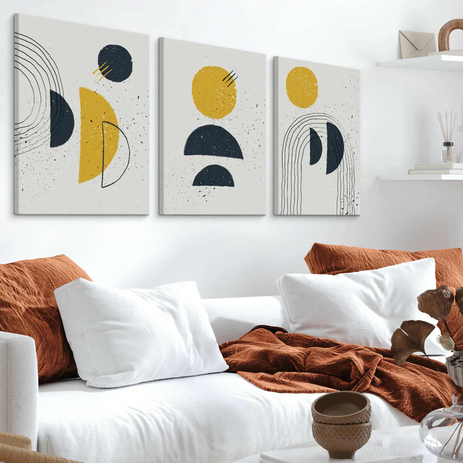 OBRAZY SET ABSTRAKCJA FIGURY GEOMETRYCZNE STYL BOHO 90x40cm