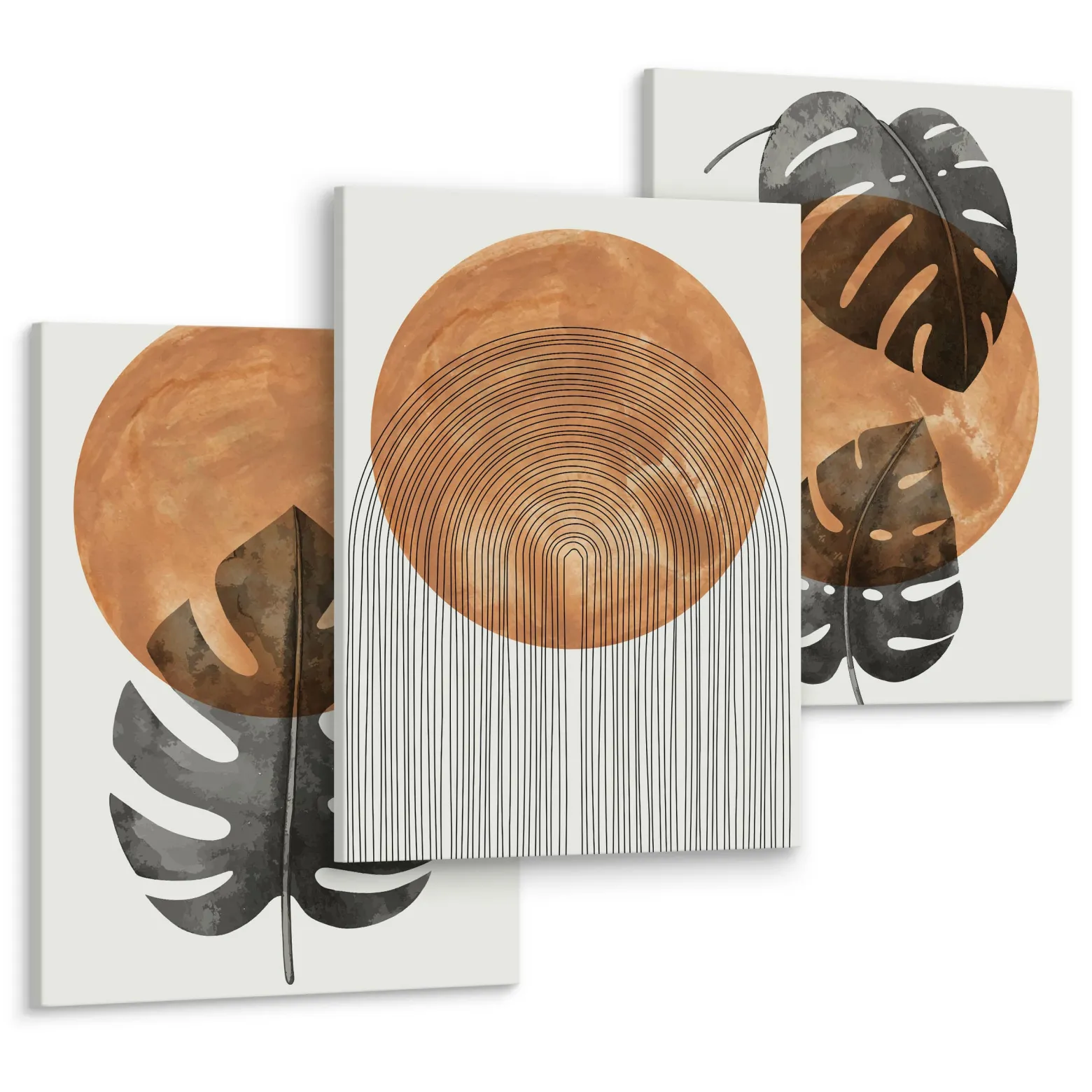 OBRAZY SET LIŚCIE MONSTERY AKWARELE STYL BOHO 90x40cm