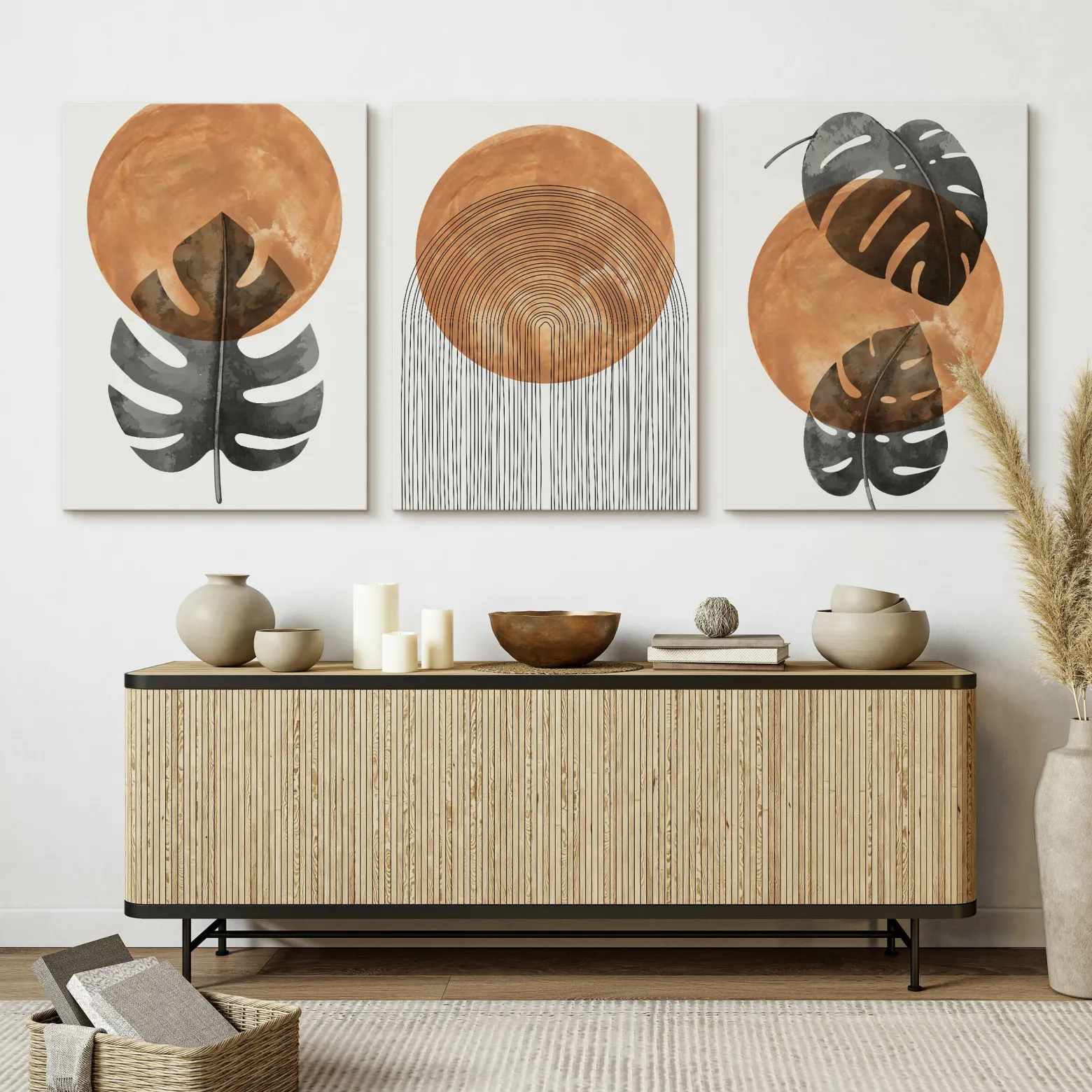OBRAZY SET LIŚCIE MONSTERY AKWARELE STYL BOHO 90x40cm