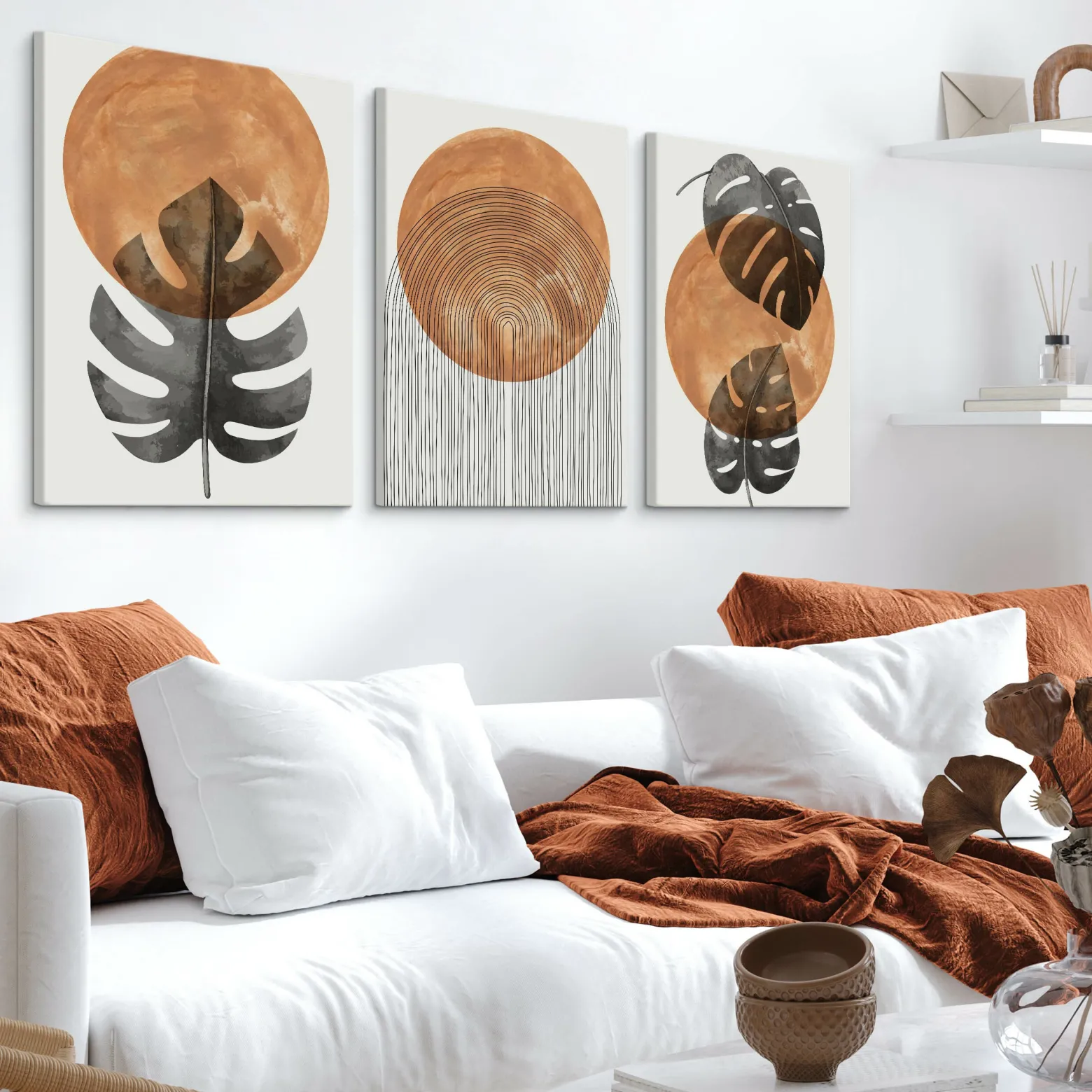 OBRAZY SET LIŚCIE MONSTERY AKWARELE STYL BOHO 90x40cm