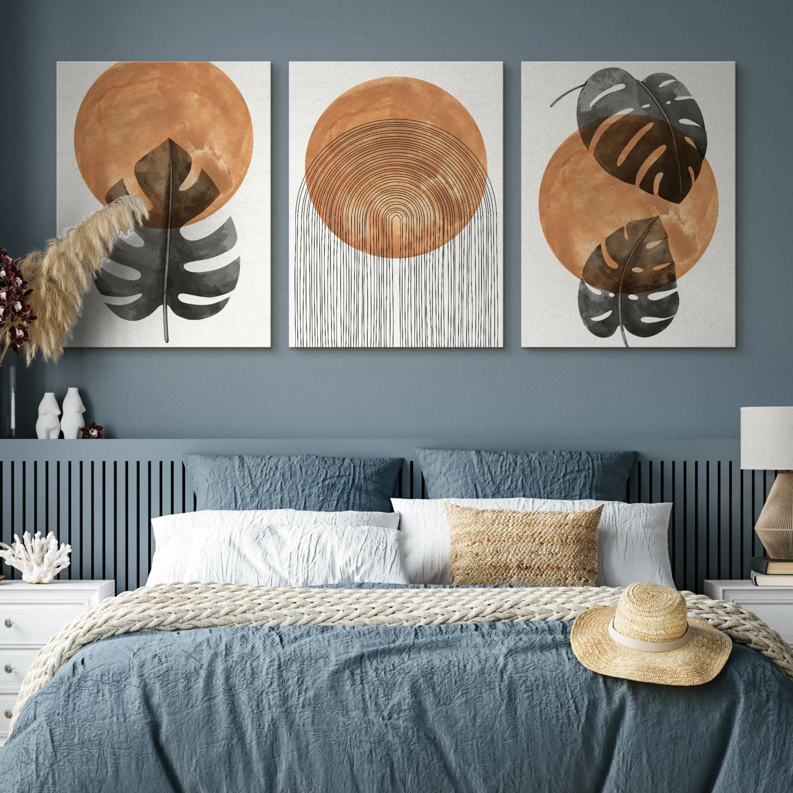 OBRAZY SET LIŚCIE MONSTERY AKWARELE STYL BOHO 90x40cm