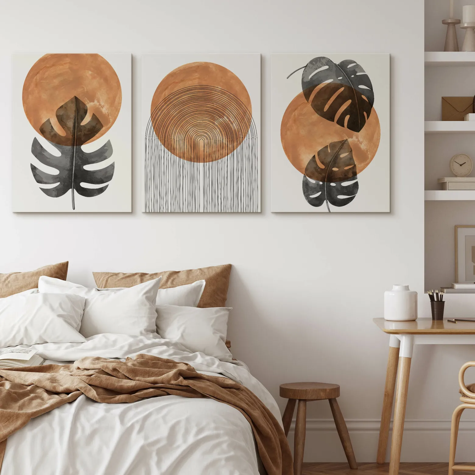 OBRAZY SET LIŚCIE MONSTERY AKWARELE STYL BOHO 90x40cm