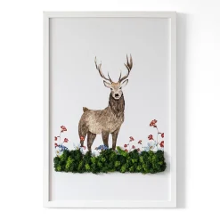 Obraz z mchem - Jeleń wśród kwiatów 40x60 cm Biała Rama