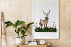 Obraz z mchem - Jeleń wśród kwiatów 40x60 cm Biała Rama