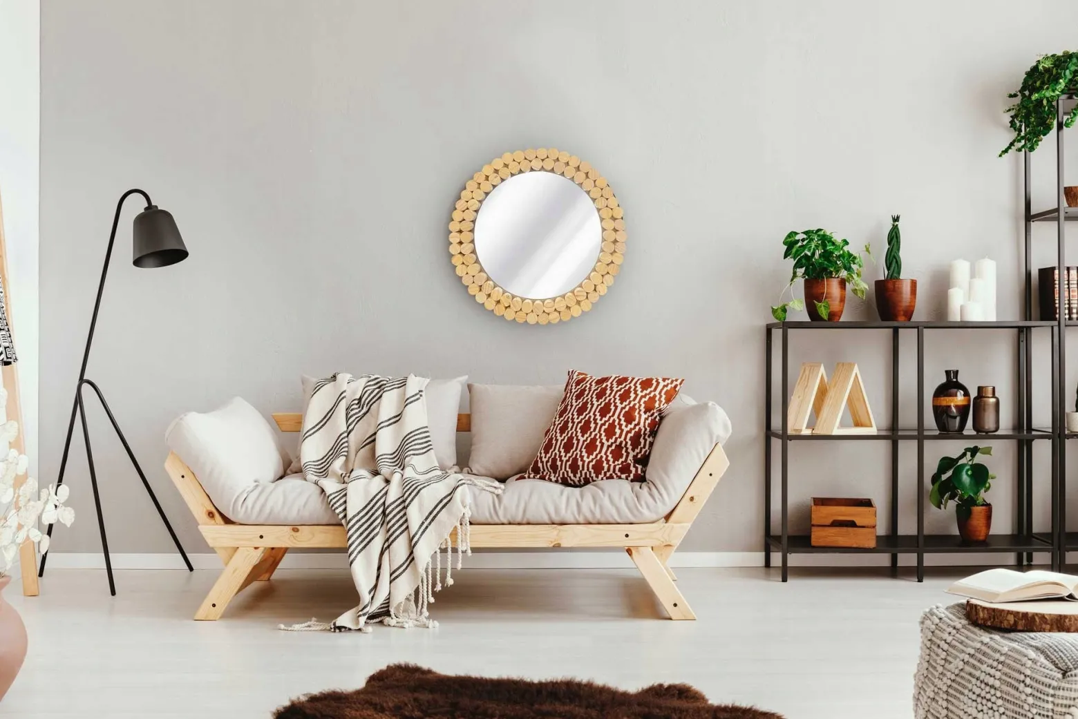 Okrągłe Lustro Boho Drewno Ścienne 36Cm Naturalne 8306