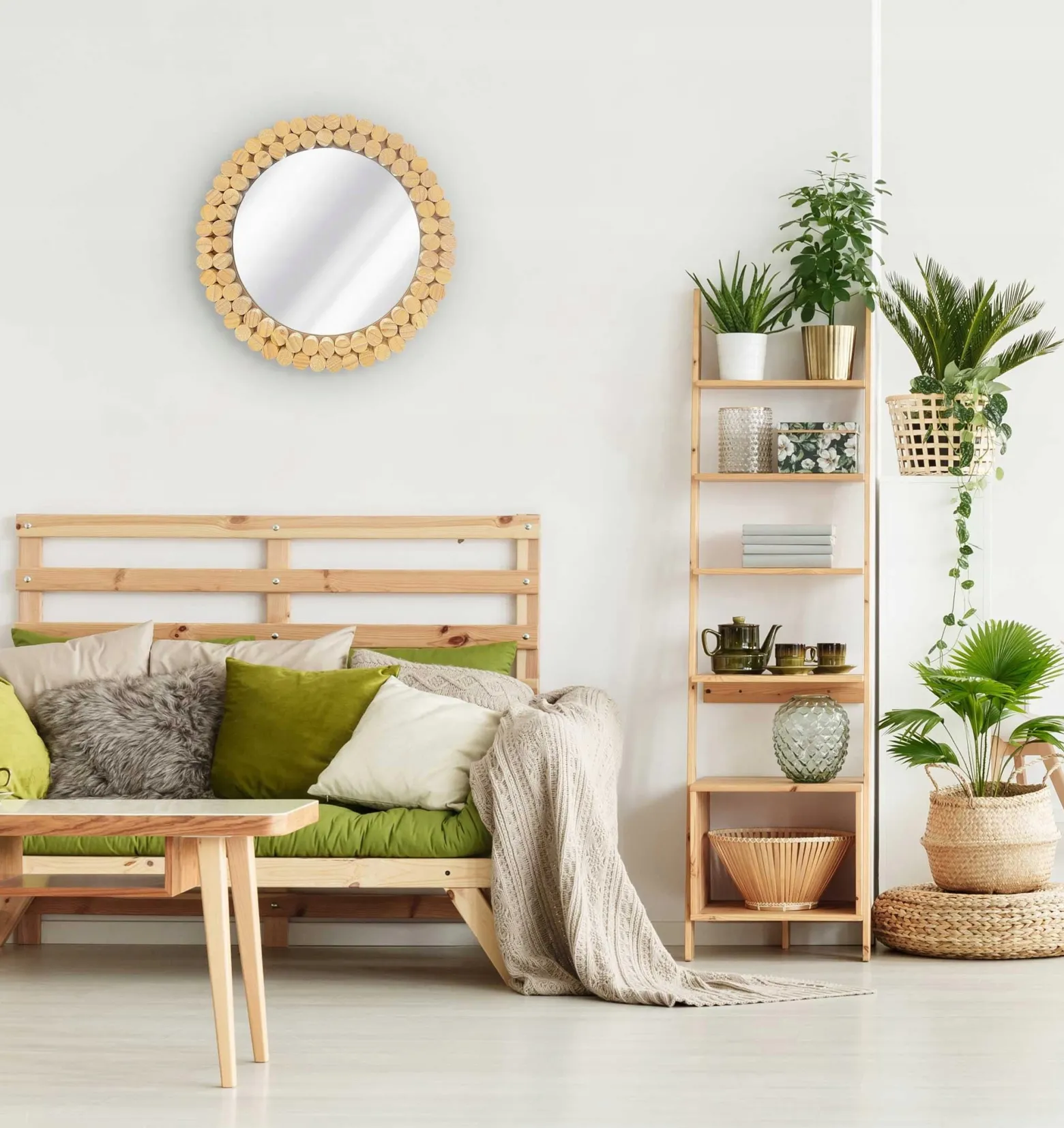 Okrągłe Lustro Boho Drewno Ścienne 36Cm Naturalne 8306