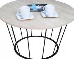 Okrągły Stoliczek Kawowy Z Drutu Loft 75x75x43 Czarny+Blat Dąb Sonoma