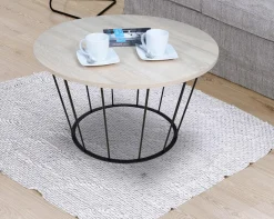 Okrągły Stoliczek Kawowy Z Drutu Loft 75x75x43 Czarny+Blat Dąb Sonoma