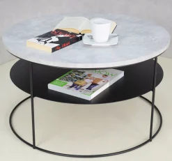 Okrągły Stolik Kawowy z Półką Salon Loft Metal 75x75x43 Czarny+Beton Jasny