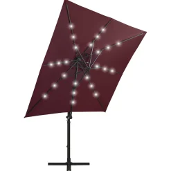 Parasol Ogrodowy Bordowy Wiszący z Podstawą i Oświetleniem 250 cm