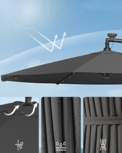 Parasol ogrodowy 3 m szary z LED solarnymi UPF 50+ owalny 300x260 cm
