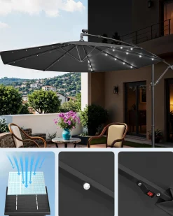 Parasol ogrodowy 3 m szary z LED solarnymi UPF 50+ owalny 300x260 cm