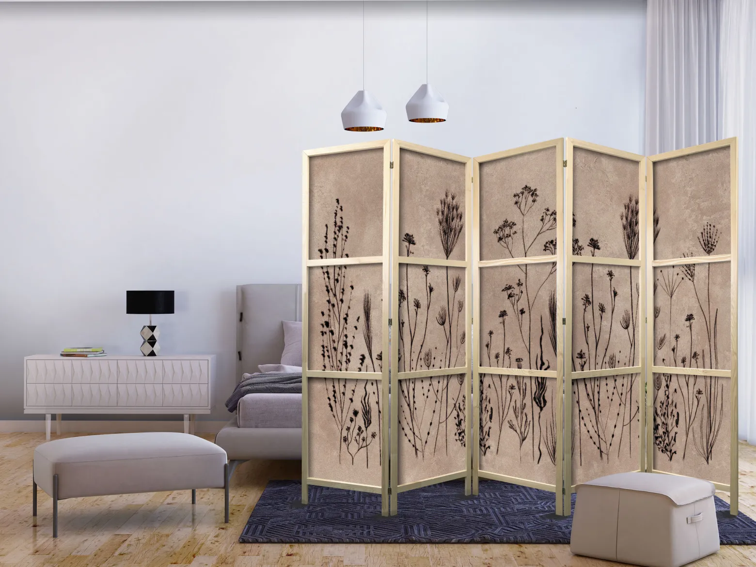 Parawan Japoński 5-panelowy Delikatne Polne Kwiaty 225x172cm