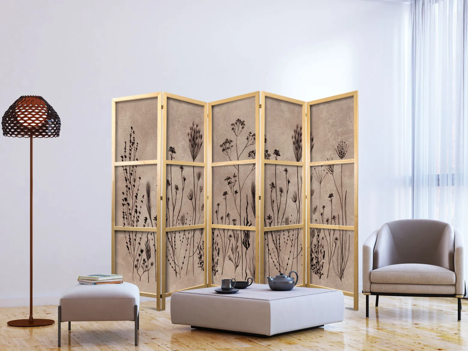 Parawan Japoński 5-panelowy Delikatne Polne Kwiaty 225x172cm
