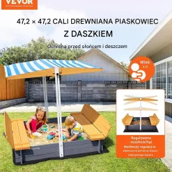 Piaskownica z daszkiem drewniana zamykana z ławkami 120x120 cm