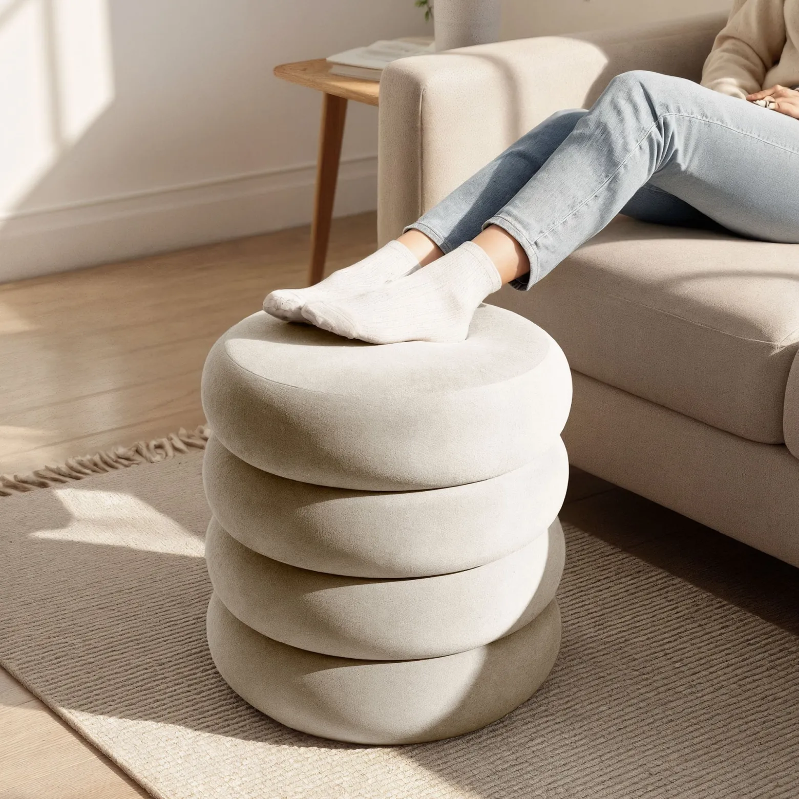 Pufa otwierana ze schowkiem welurowa 42 cm SNUGGO Kremowa