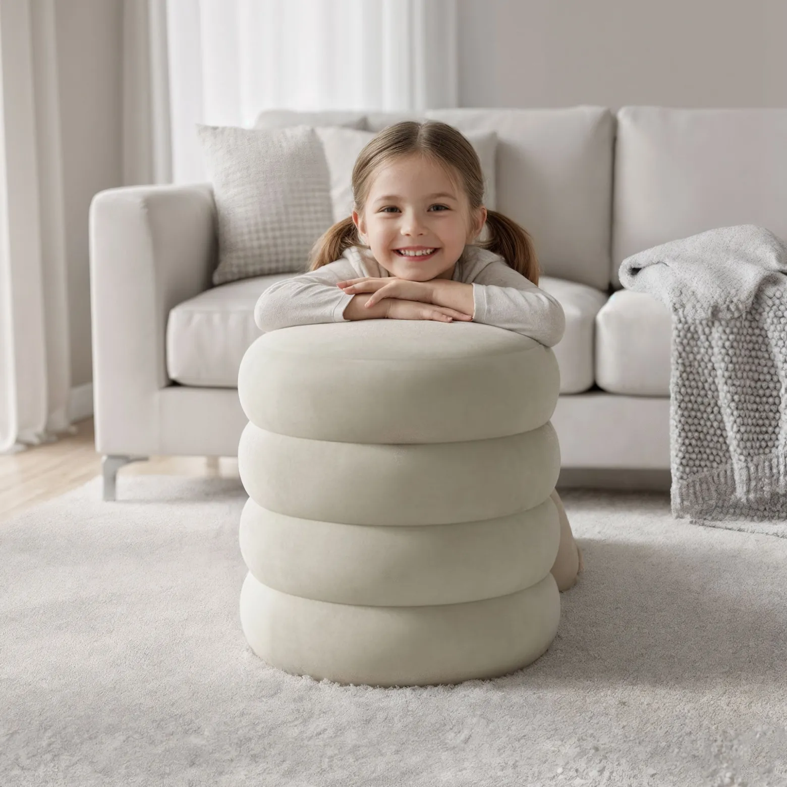 Pufa otwierana ze schowkiem welurowa 42 cm SNUGGO Kremowa