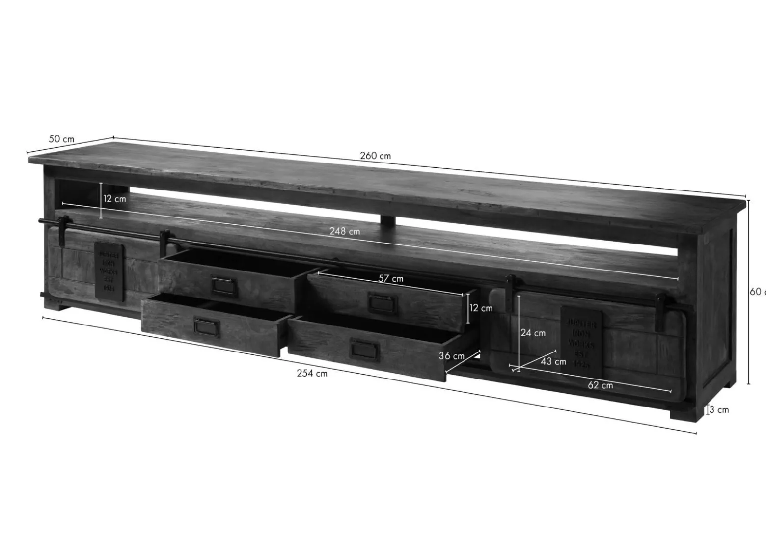 RAILWAY Szafka RTV #155 Mango woskowane + metal 260x50x60 cm