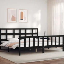Rama łóżka z wezgłowiem czarna 200x200 cm lite drewno