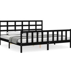 Rama łóżka z wezgłowiem czarna 200x200 cm lite drewno