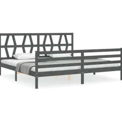 Rama łóżka z wezgłowiem szara 200x200 cm lite drewno
