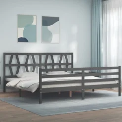 Rama łóżka z wezgłowiem szara 200x200 cm lite drewno