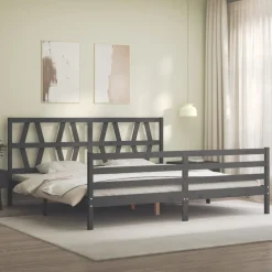 Rama łóżka z wezgłowiem szara 200x200 cm lite drewno