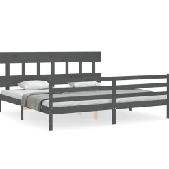 Rama łóżka z wezgłowiem szara 200x200 cm lite drewno