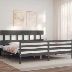 Rama łóżka z wezgłowiem szara 200x200 cm lite drewno