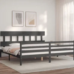 Rama łóżka z wezgłowiem szara 200x200 cm lite drewno