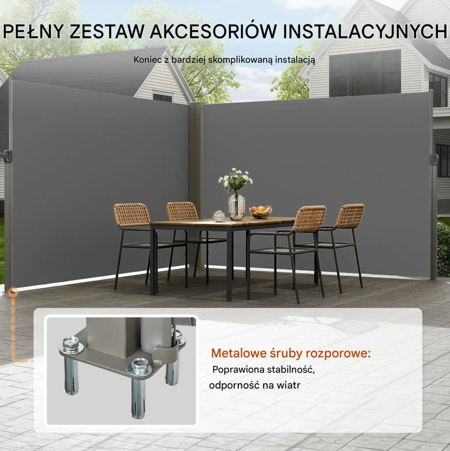 Roleta boczna tarasowa 200x600cm wodoodporna osłona balkonowa szara